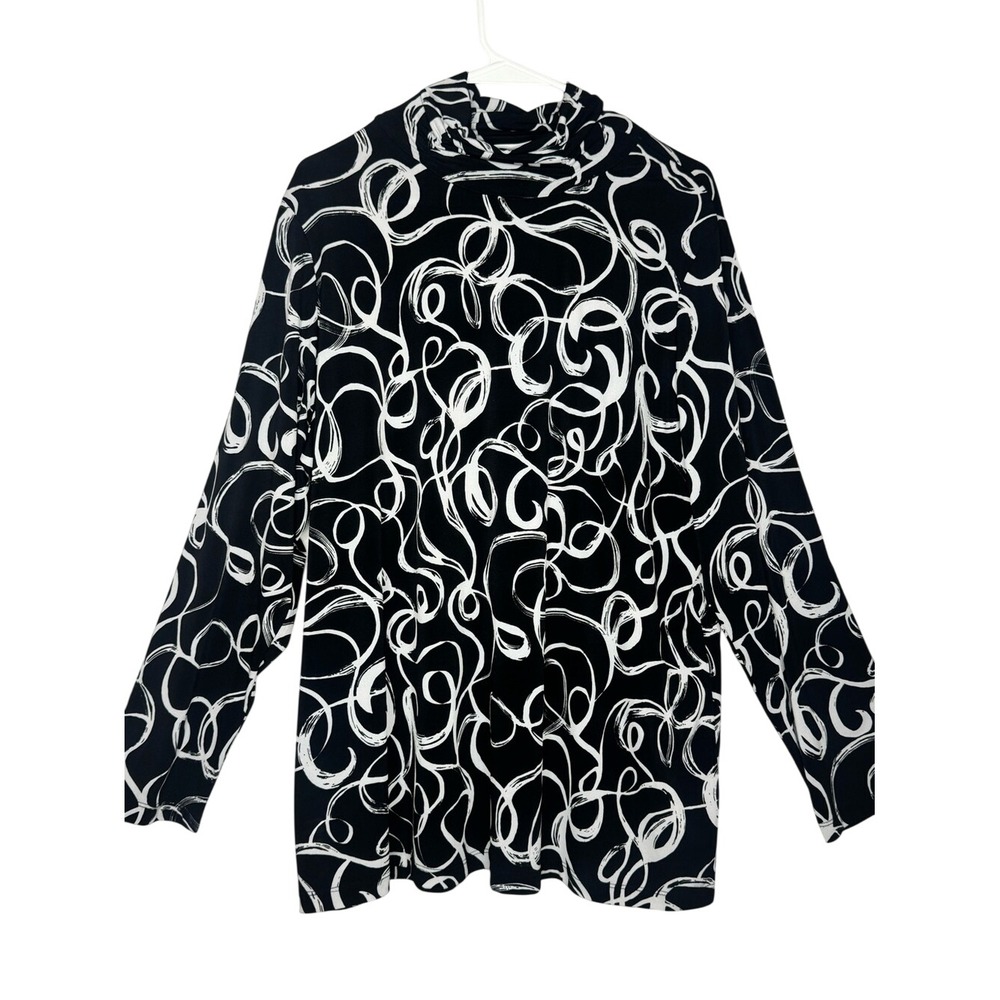 Susan Graver Liquid Knit Black White Swirl Print Long Sleeve Top 1X Office Work